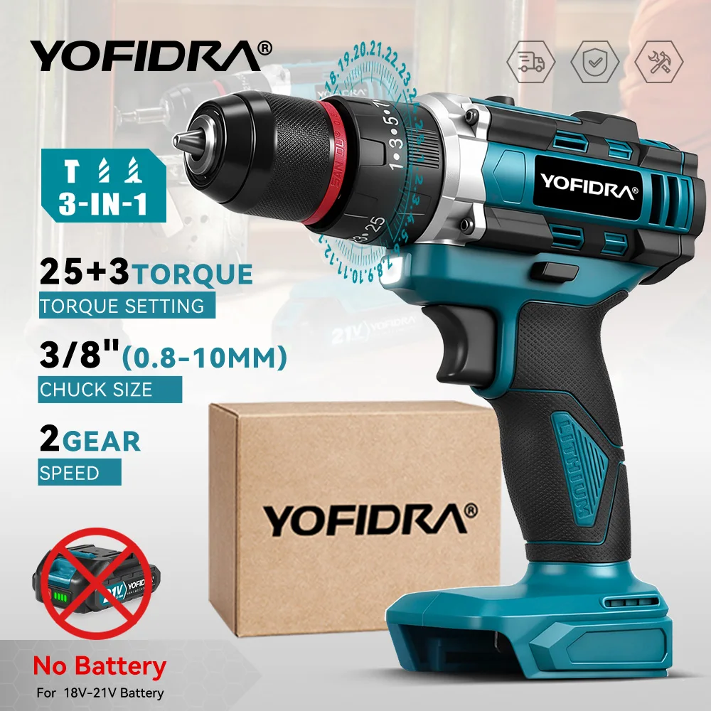 

YOFIDRA 3IN1 25+3 Torque Electric Impact Drill 3/8" Cordless Screwdriver Drilling Househeld Tool Set For Makita 21V Battery Pin
