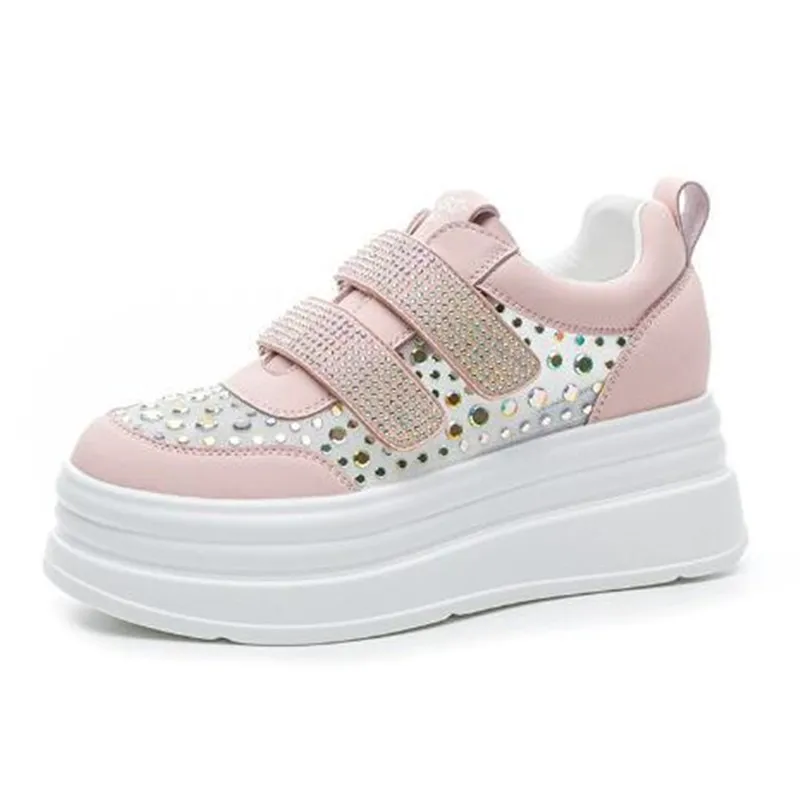 NEW Pink Shoes Fashion Summer Autumn Crystal Mesh Sneakers Flats Platform Ladies Footwear Outdoor Leisure Leather Splicing Shoes