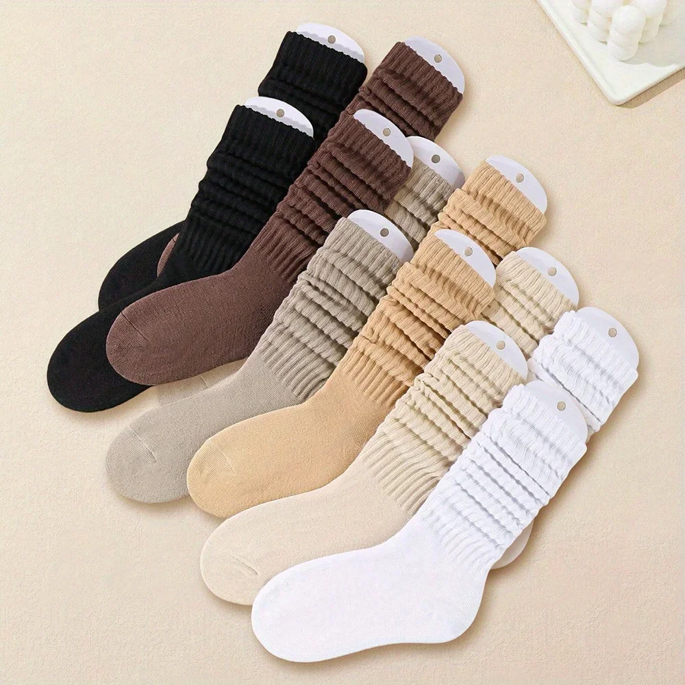 6 pairs of women's mid leg pleated socks, suitable for casual clothing, daily comfortable and soft texture