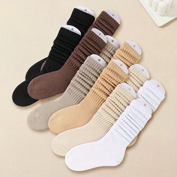 Women's Pleated Mid-Calf Socks 2 6 pairs of women's mid leg pleated socks, suitable for casual clothing, daily comfortable and soft texture 2