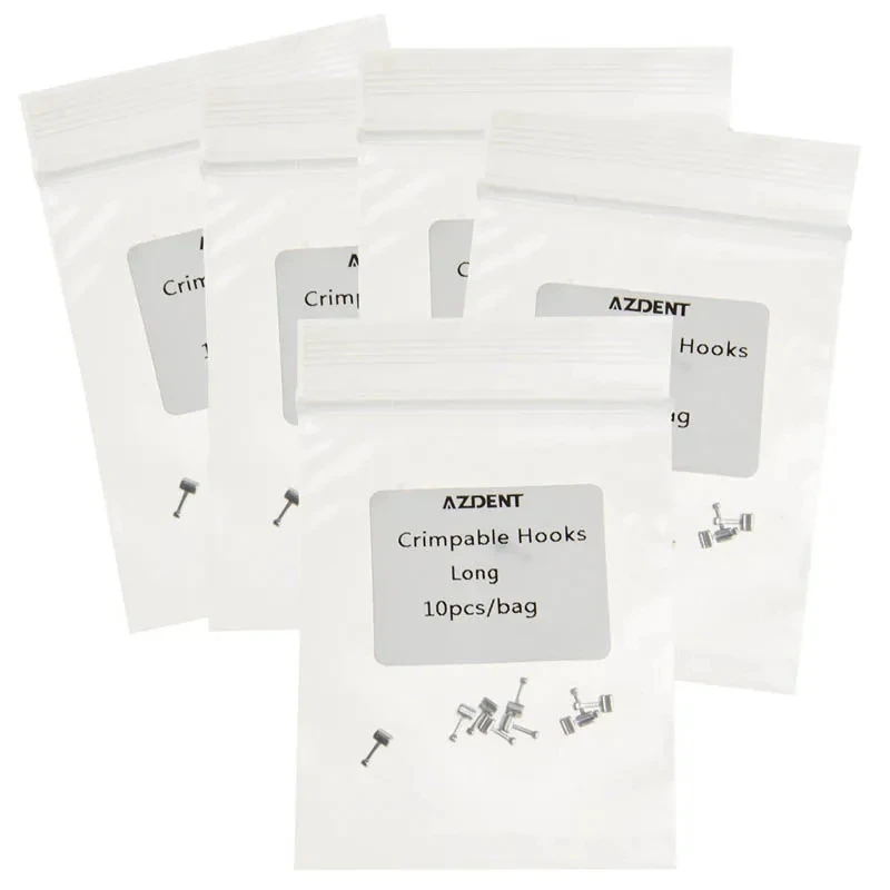 AZDENT 5 Packungen zahnärztliche kieferorthopädische Crimp-Haken, Größe lang, kurzer Anschlag, 10 Stück/Packung, Edelstahl, befestigt am Bogen – Detail 10