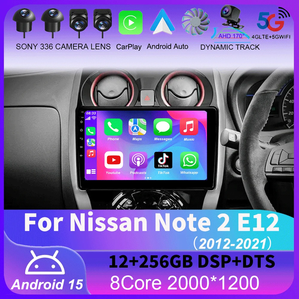 Para Nissan Note 2 E12 2012 - 2021 Carplay Auto 4G + WIFI GPS Radio de coche navegación reproductor de vídeo Multimedia estéreo BT Android 15