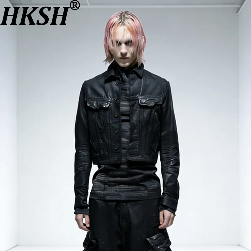 

HKSH весна осень новые темные отходы наземные вощеные хлопковые короткие черные джинсовые куртки с ножом в стиле панк авангардные пальто HK18113