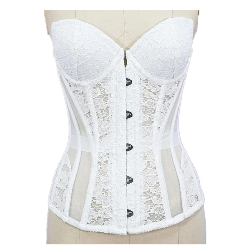 White Transparent Mesh Overbust Corset Tops Sexy With Bra Cup Lingerie Strapless Bustier Slimming Body Shaper Boned Bodices
