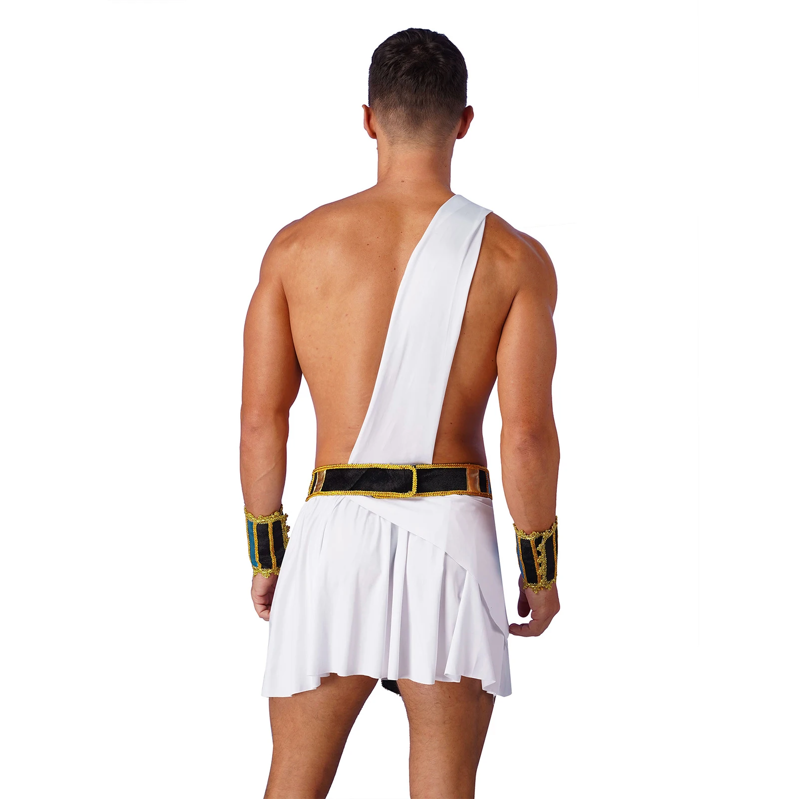 Mens Halloween Egyptian Pharaoh King Cosplay Costume One Shoulder Skirt with Belt Wristbands Theme Party Egypt Role Play Clothes