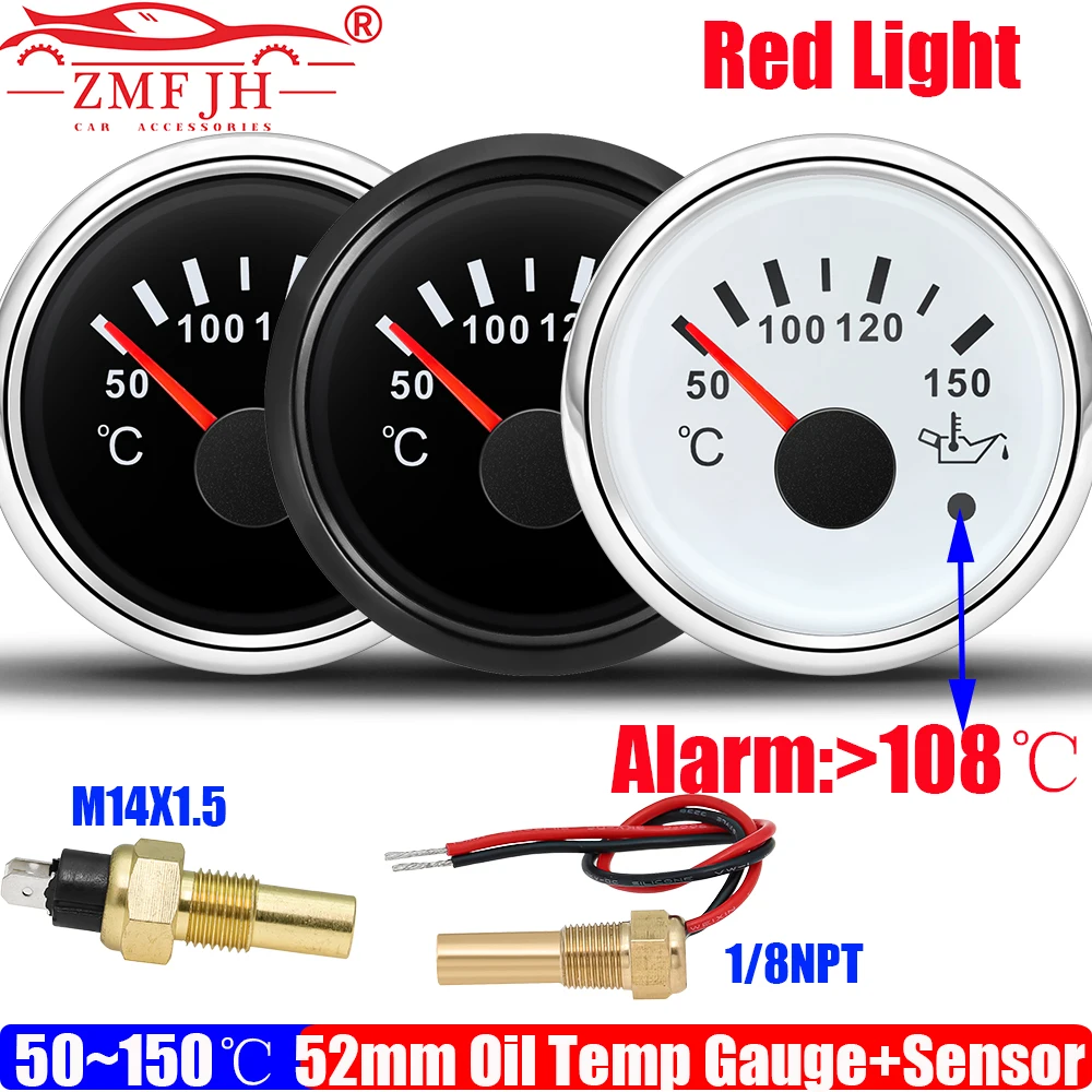 ZMFJH 50~150℃ Oil Temp Meter with Sensor Red Backlight Pointer 52MM Oil Temperature Gauge Flash Alarm Waterproof for Car Boat