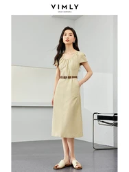 VIMLY Lyocell U-Neck Safari Style Solid Dress Summer Short Sleeve Vintage Casual Back Slit of Dress With Belts and Pockets 16635