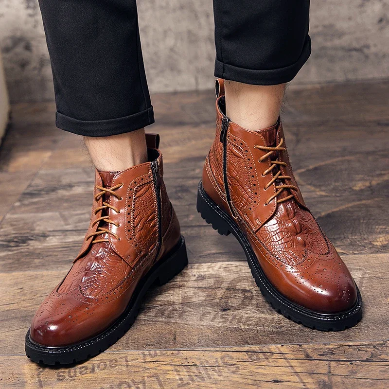 

Winter Luxury Leather Chelsea Boots Men's Brogue Leather Boots Vintage English Men's Sneakers Casual Lace Up Fashion Short Boots