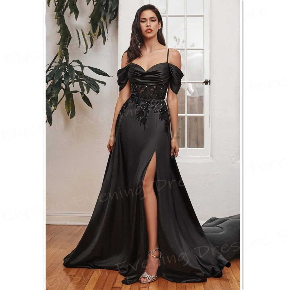 

Classic Generous Black Women's Evening Dresses Elegant Off The Shoulder Prom Gowns Side High Split Appliques Vestido De Noche