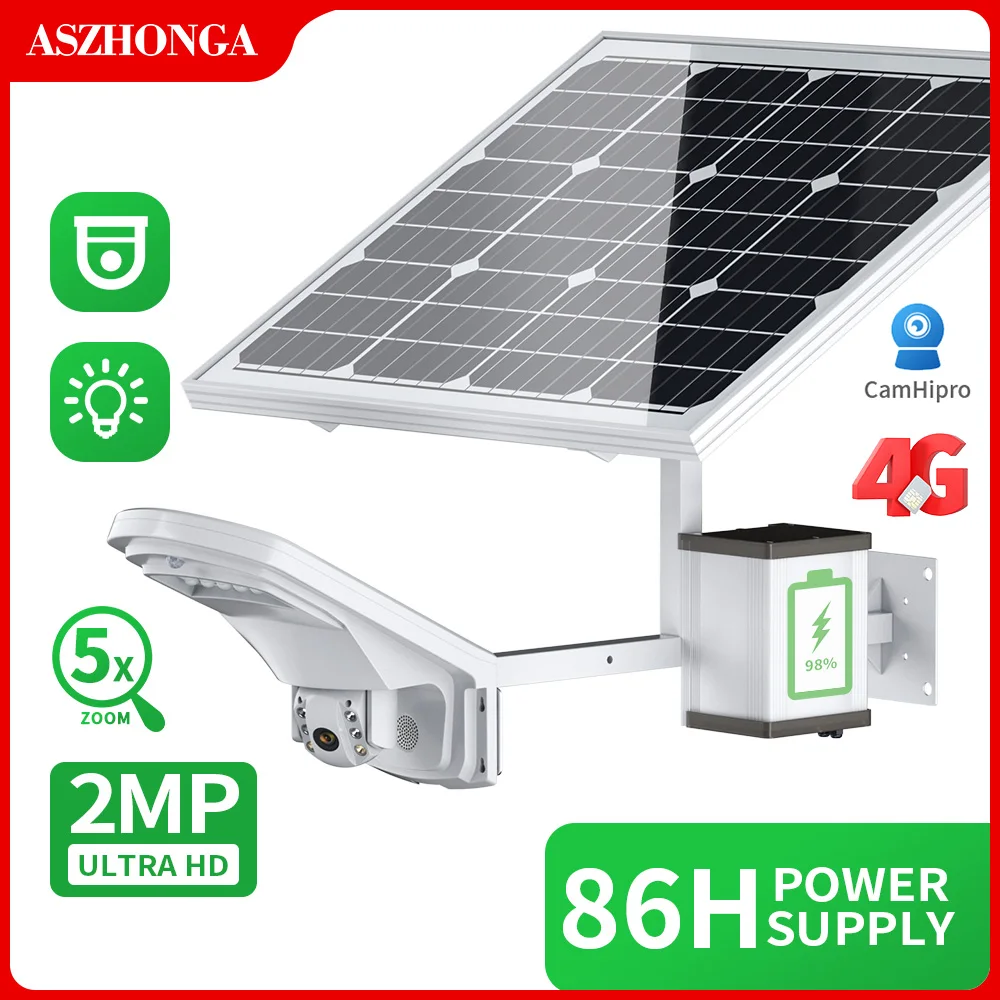 Wireless 4G Floodlight Security IP Camera 5X Optical Zoom HD PTZ Surveillance Cam 60W 30A Battery Solar Panel CamHi Waterproof