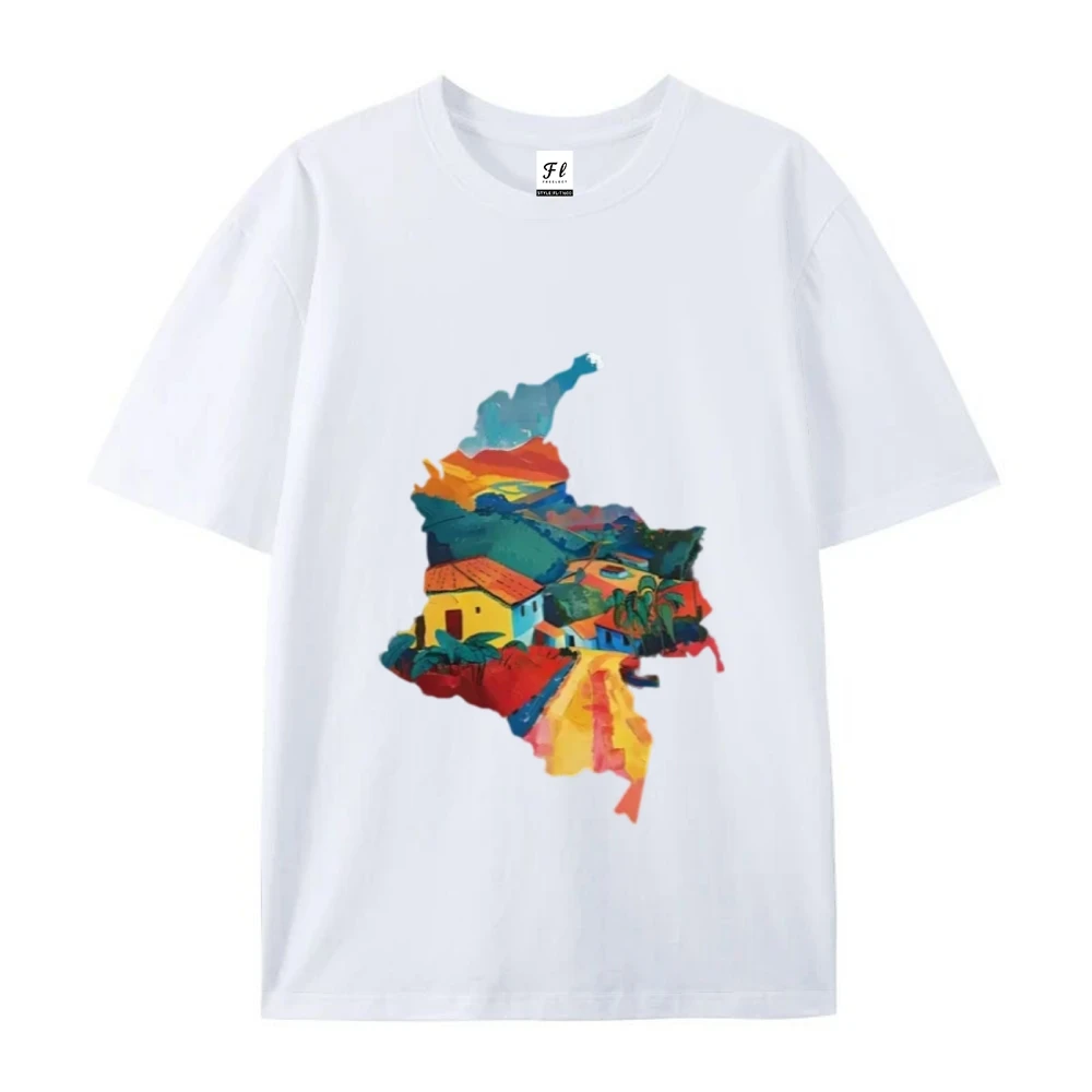 Cotton Graphic Tee Streetwear Vibes Colorful Landscape Print T-shirt For Women Casual Harajuku Y2K Clothes Artistic Cotton Tops