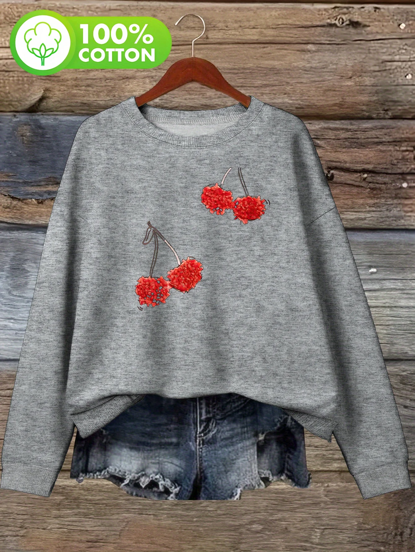 Maglione senza cappuccio da donna in cotone 100% divertente fragola e fiocco rosso art retrò casual girocollo maglione quattro stagioni comodo