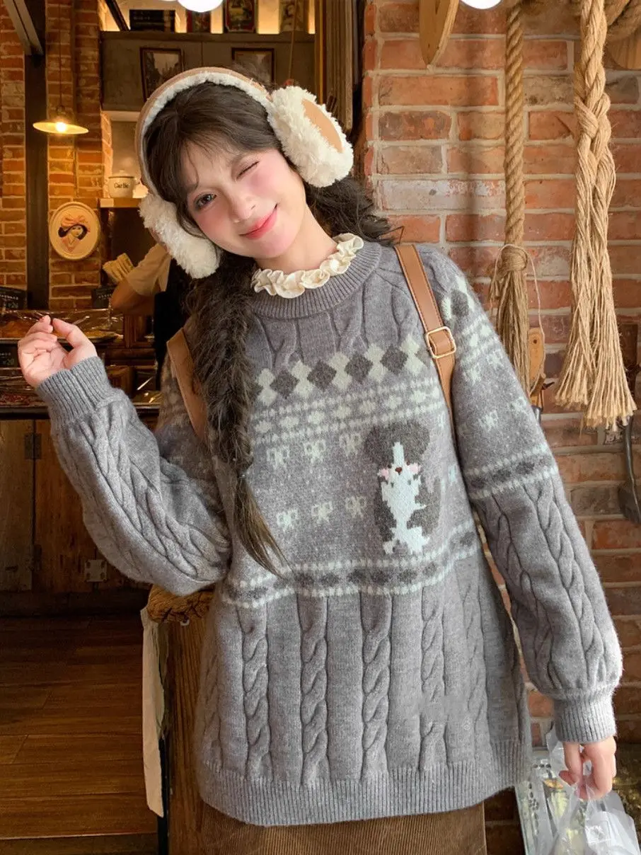 

Sweet Style Puppy Jacquard Sweater 2025 Autumn Winter Cable Knit Design Coquette Aesthetic Round Neck Womens Fashion