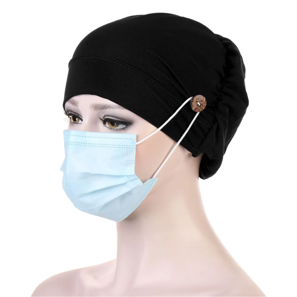 Ear Protection Pleated Turban Fashion Hair Accessories Cotton Cap Button Render Solid Color Chemo Cap Women