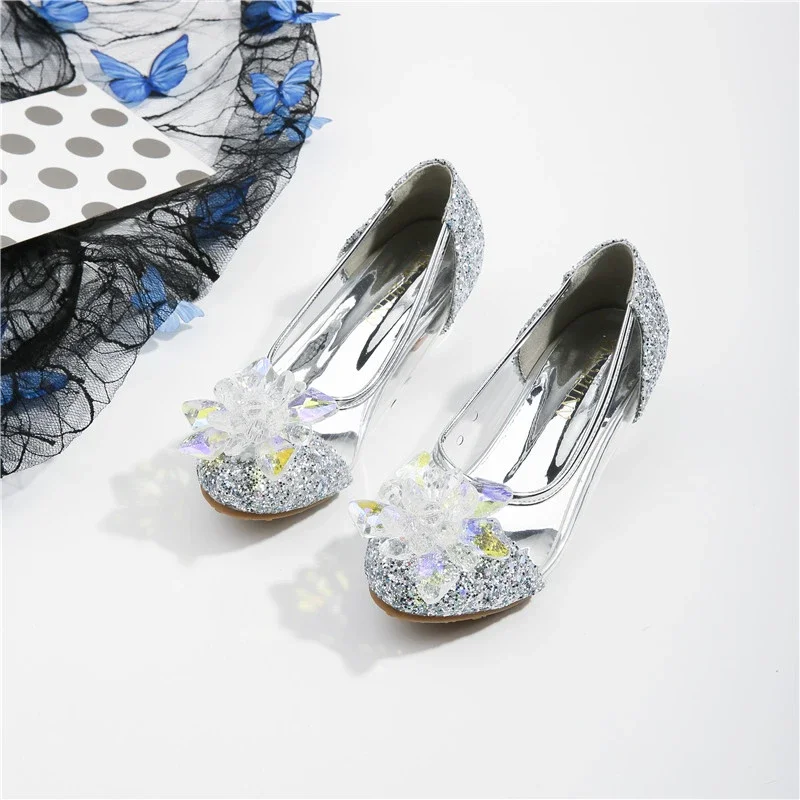 Girls Crystal Glass Flower High Heel Princess Shoes For Wedding Party