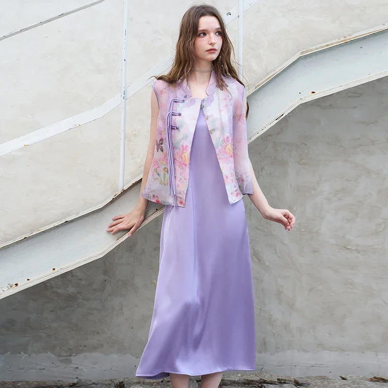 ELFSACK Weste im chinesischen Stil mit Satin-Slip-Kleid-Set, durchsichtiger Blumenweste und langem Midikleid, orientalischer Retro-Anzug