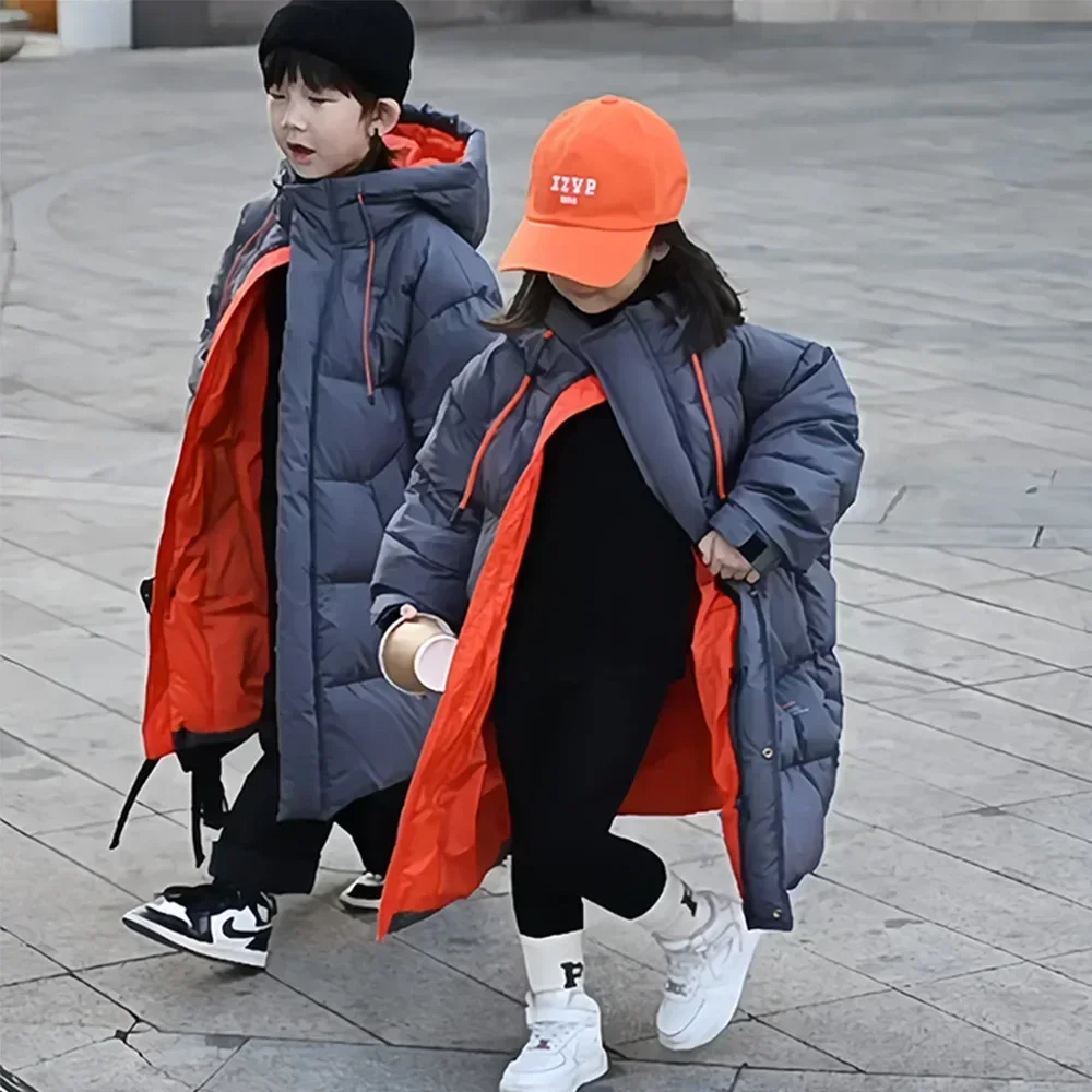 New Boys and Girls Padded Cotton Coat 2024 Winter Long Down Jacket Fashion Simple Casual Style All-match Coat Clothes Kid