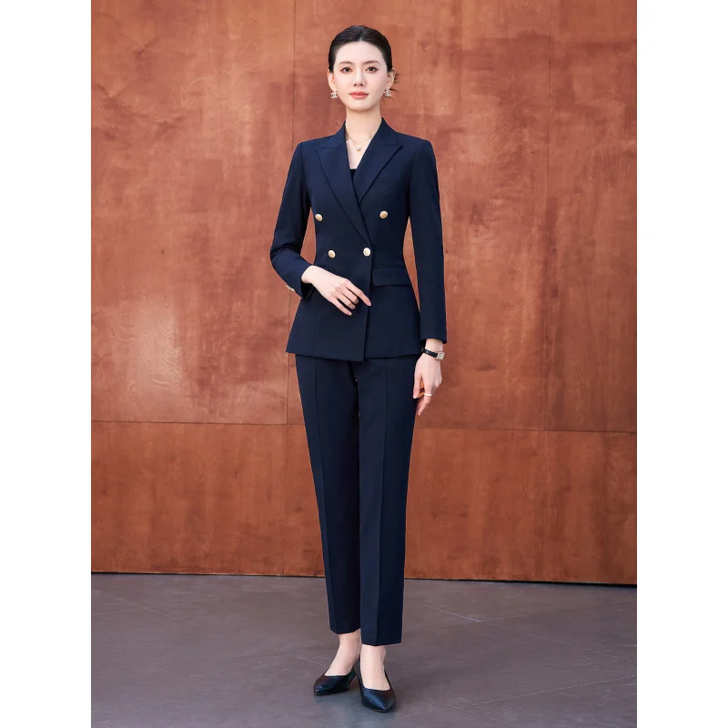 Navy blue spring new women's suit for civil service interviews, unique design with a powerful aura, suit set