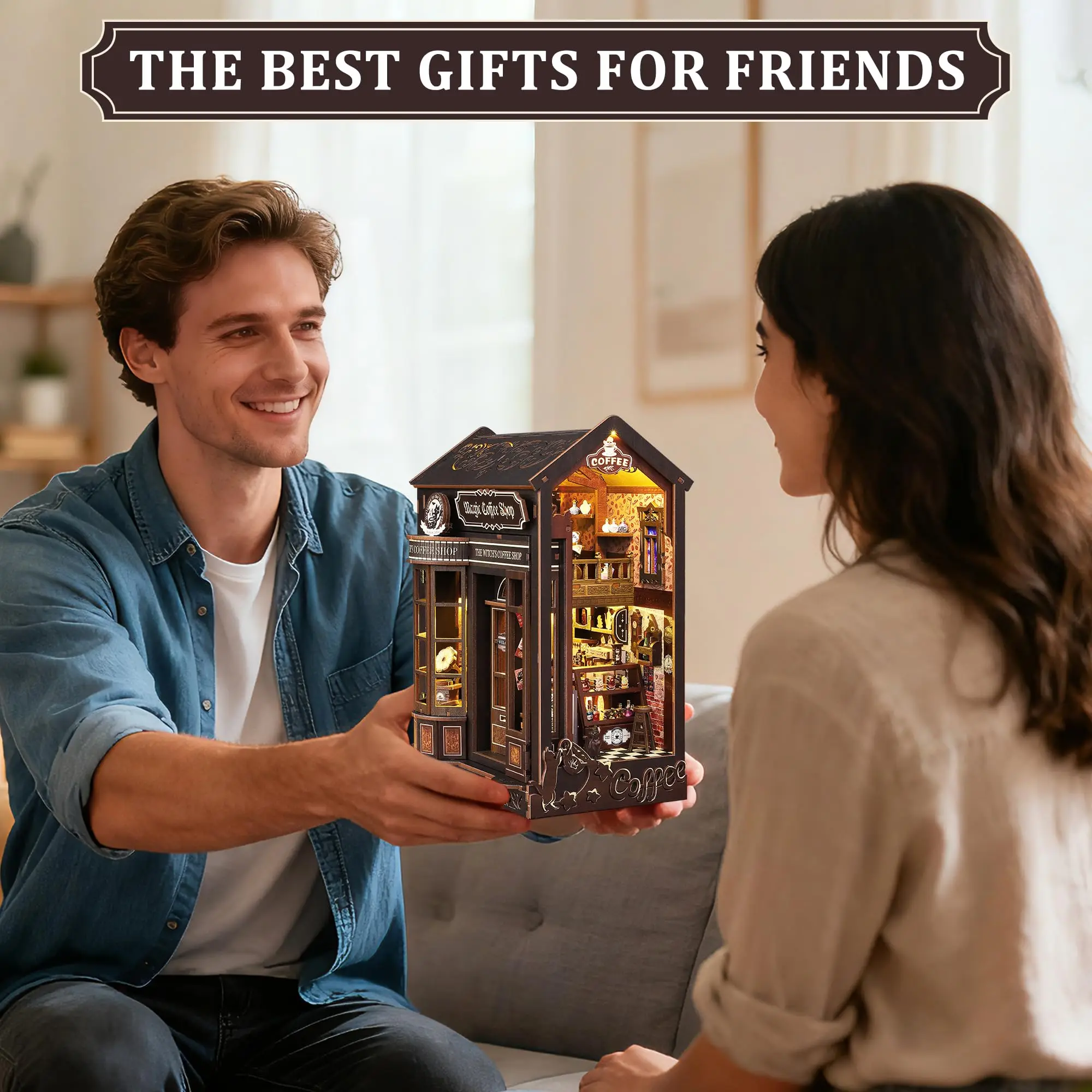 DIY Wooden Book Nook Insert Kit Dollhouse Building Set Bookends Bookshelf Decor Perfect Gift for Family Friends