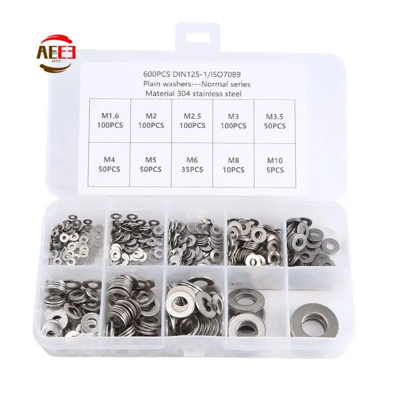 AEE3-600 stks/set M1.6 M2 M2.5 M3 M3.5 M4 M5 M6 M8 M10 Rvs Platte Ring Plain Washer Pakkingen Assortiment Kit