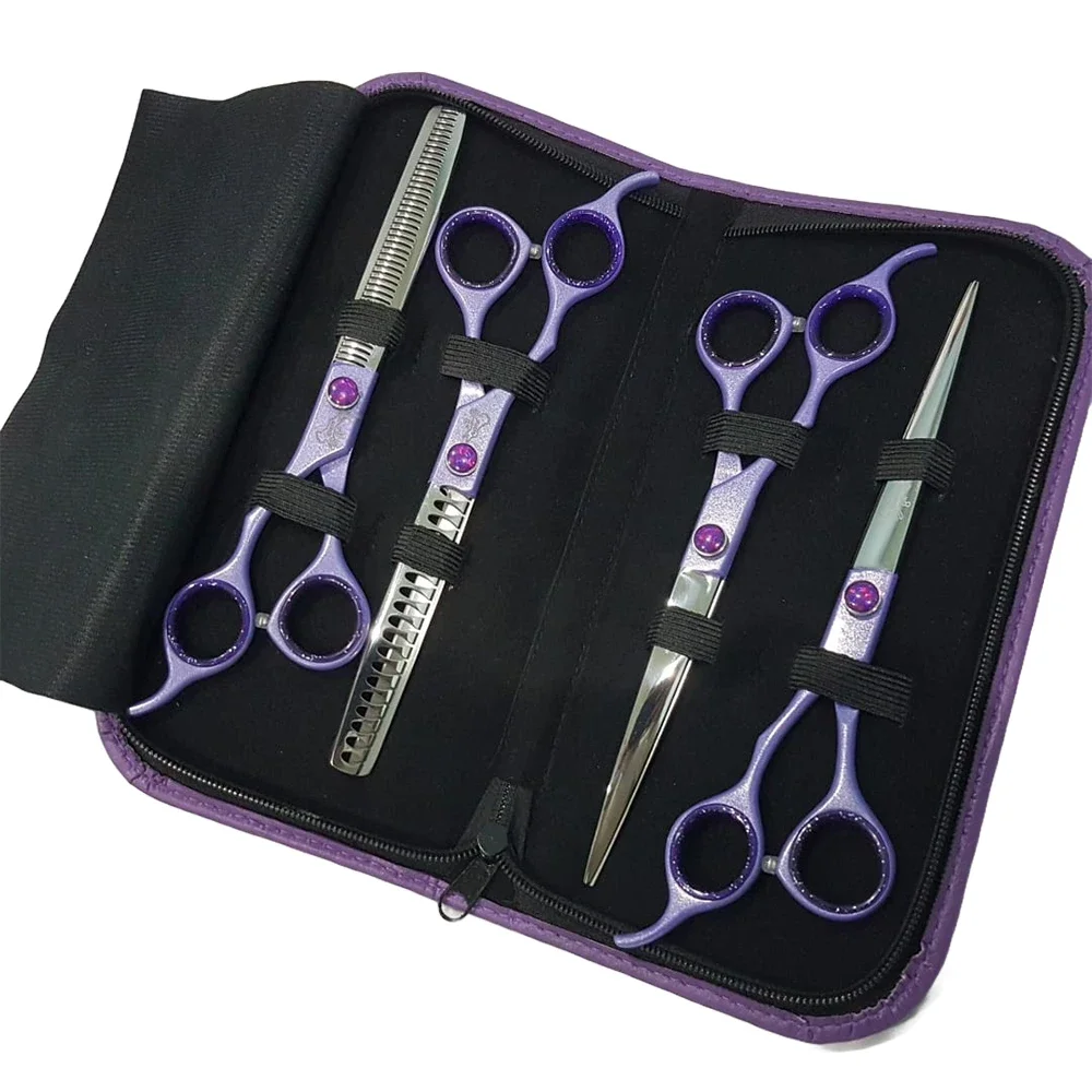 Left-Handed Pet Grooming Set for Dogs & Cats Includes 4 Stainless Steel 6.5'' & 7'' Straight Curved Thinning Chunker Scissors