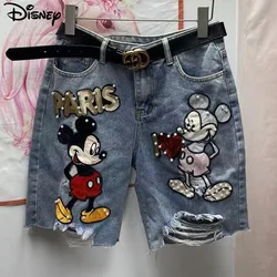 Disney New Arrival Top Fashion Cotton Women Embroidery Beading Mickey Mouse Female Summer Big Irregular Flash High Waist Short