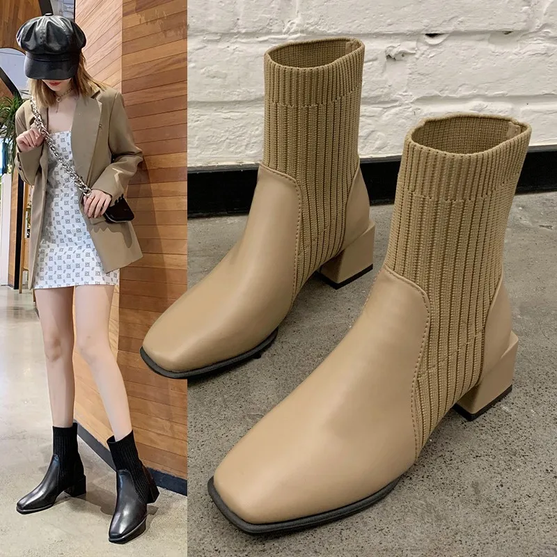 Autumn and Winter New Chunky Mid-heel Square Ankle Boots for Women Knitted Apricot Skinny Socks Single Boots