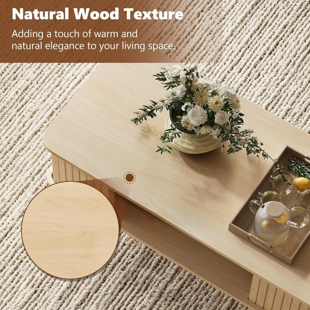 Coffee Table with Storage Center Table for Living Room Rectangle Coffee Table with Rounded Edges,Easy Assembly, Natural Wo