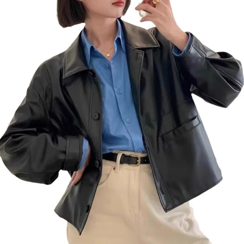 Frühling Herbst Dünne Stil Vintage Revers Einreiher Leder Jacke Frauen Trendy Langarm Verstärktes Große Taschen frauen Mantel