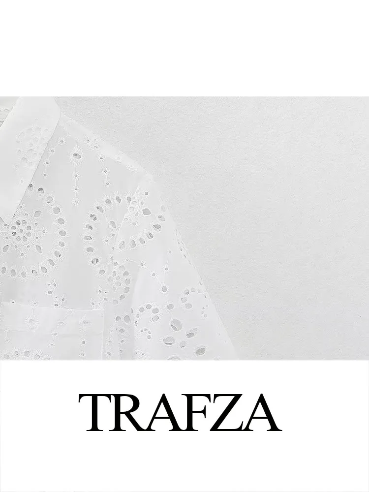 TRAFZA-Conjunto feminino curto bordado branco de duas peças, blusa oca, shorts largas, elástico na cintura, terno casual, verão