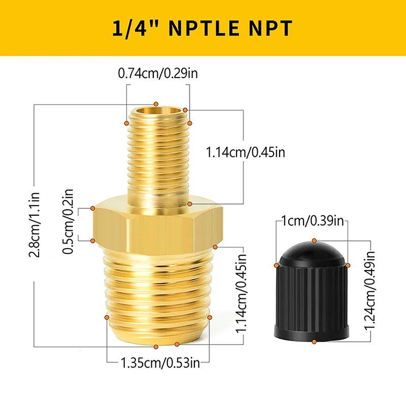 Adattatore per gonfiaggio aria in ottone da 2 pezzi con stelo della valvola all'interno del connettore per gonfiaggio pneumatici da 1/4 "NPT (M) a Standard Schrader Valve (M)