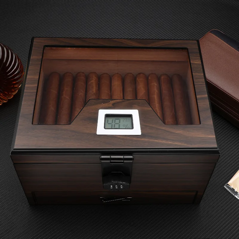 Humidor Large Capacity Moisturizing Box Cedar Wood Windows with Password Lock Humidor, Walnut Brown 60 pcs