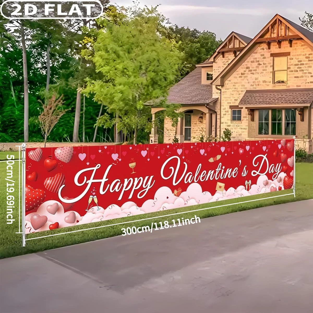 2D FLAT 1pc Valentines Banner with 4 Grommets- 120x20 Inch - Polyester Hanging Hearts Happy Valentines Day Banner  for Fence