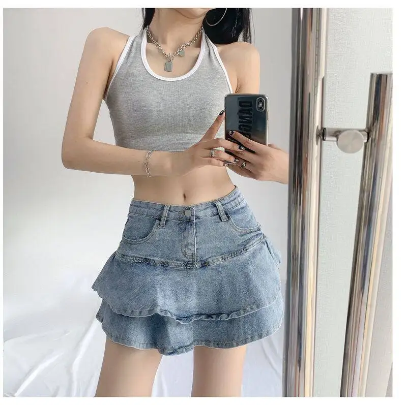 GG Spice Girls Denim Skirt Anti-Slip Double Denim Skirt Women's Stretch High-Waisted Slimming A-Line Cake Skirt
