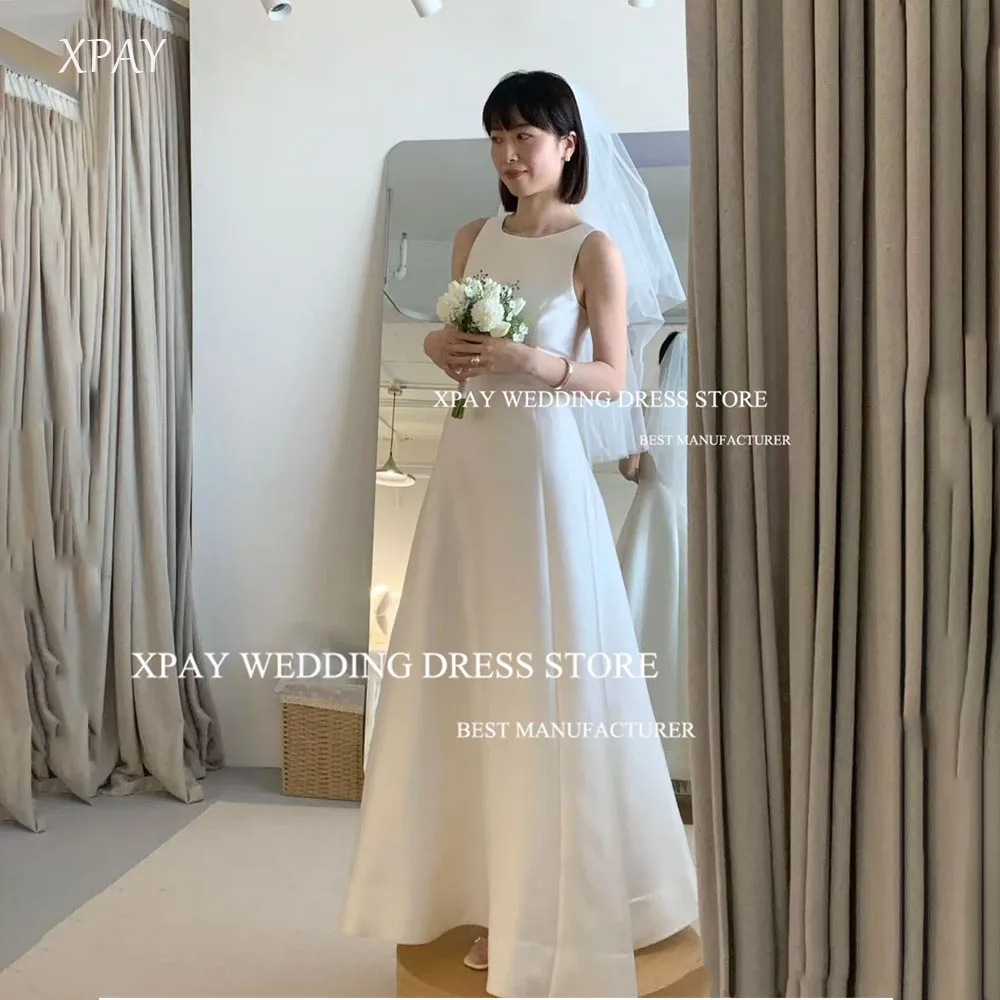 

XPAY Simple O-Neck Sleeveless A-line Korea Wedding Dresses Floor-Length Customized Bridal Gown PhotoShoot Satin Party Dress