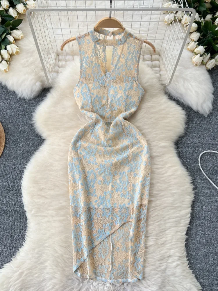 Summer Skinny Slit Lace Hollow Out Sleeveless Dress Women Long Sexy Package Hip Dress Female Elegant Fashion Halter Evening Gown