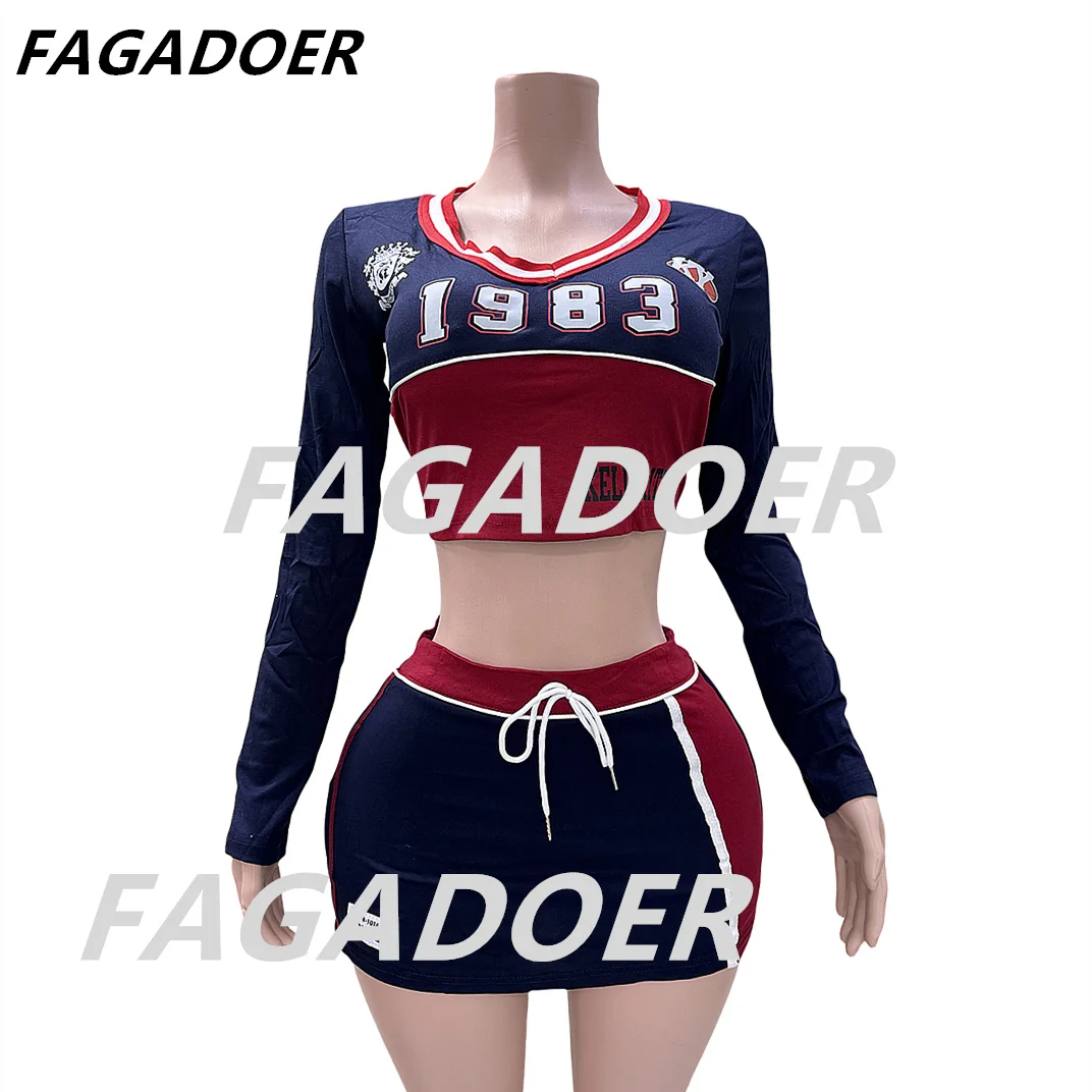 FAGADOER Letter Print 2 Piece Sets Women Outfit Y2K Streetwear Color Block V Neck Crop Tops And High Waist Mini Skirt Suits New