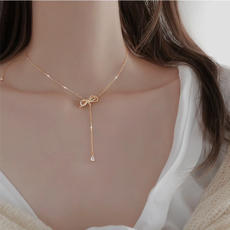 CIAXY Silver Color Inlaid Zircon Bowknot Tassel Necklaces for Women Aesthetic Sexy Clavicle Chain Choker Party Jewelry Gifts