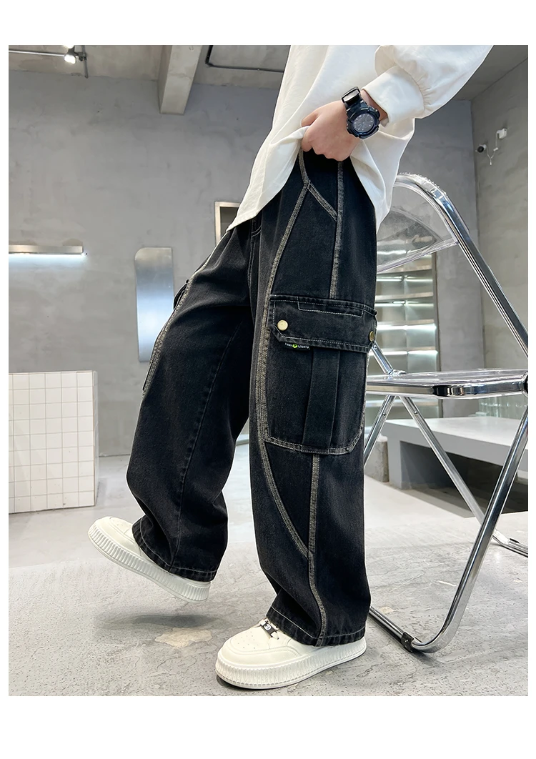 Neue lässige Kinder-Cargo-Jeans mit geradem Bein und Taschen für Teenager-Jungen, modische Street-Denim-Hosen, elegante Hosen für Kinder. – Detail 14