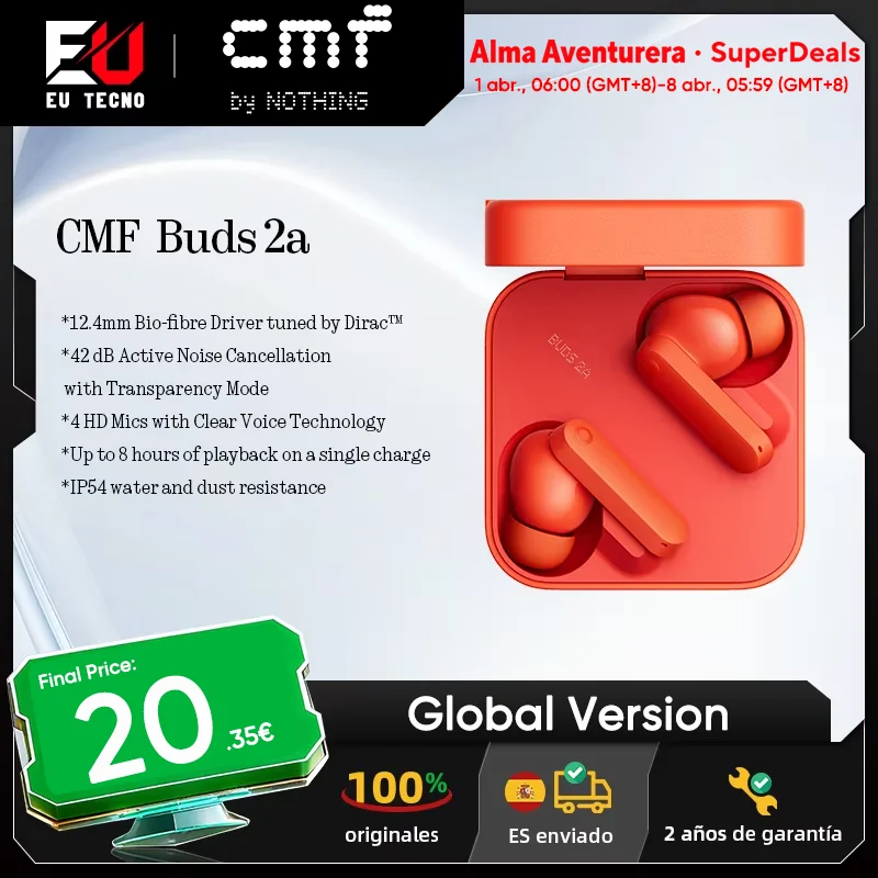 Versión Global CMF Buds 2a auricular 12,4mm controlador 42dB cancelación activa de ruido ANC 4HD micrófonos IP54 Bluetooth 5,4 auriculares
