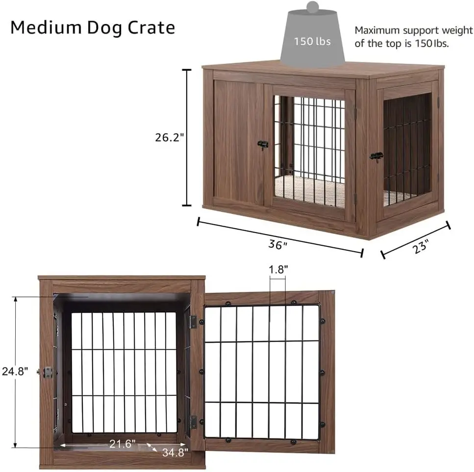 unipaws Furniture Style Dog Crate End Table with Cushion, Wooden Wire Pet Kennels with Double Doors, Medium Dog House Indoor