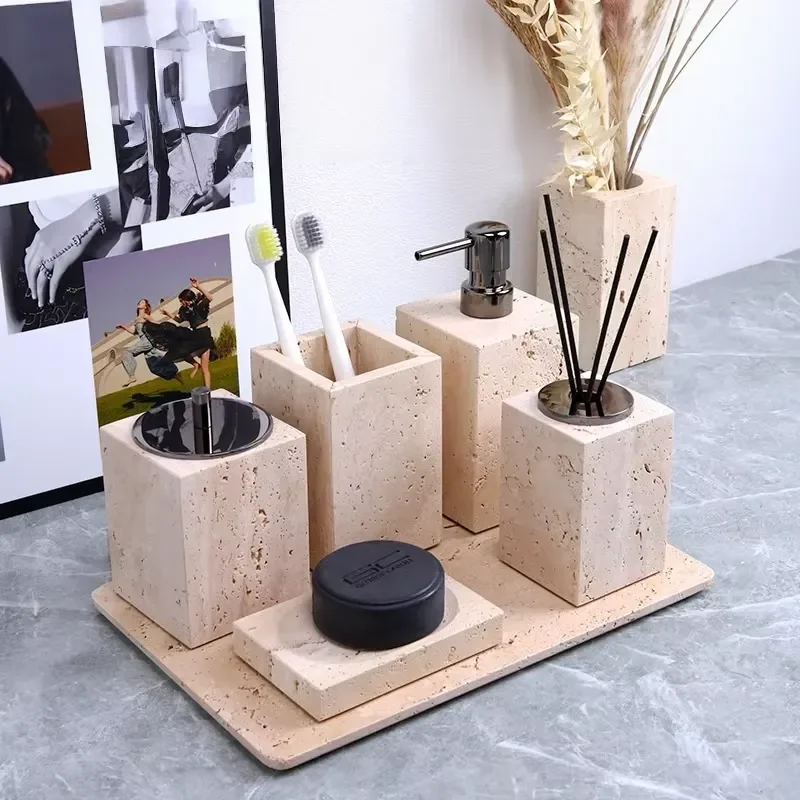 Natural Marble Beige Limestone Bathroom Amenities Set Wabi Sabi Style Free Combination Bath Accessories Kit for Home Decor