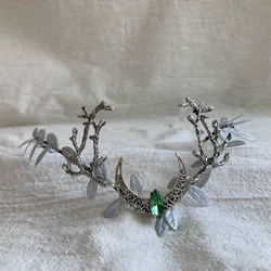 Handmade elf Unicorn Queen of The Enchanted Woodland Tiara Forehead Headwear With Silver Leaves Branches Crescent Moon Cosplay