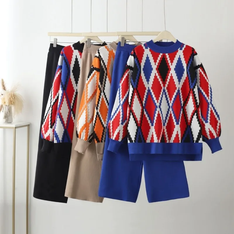 

Зимний женский вязаный комплект из 2 предметов, повседневный утепленный пуловер, свитер, топ + вязаные штаны, теплый комплект, E11952