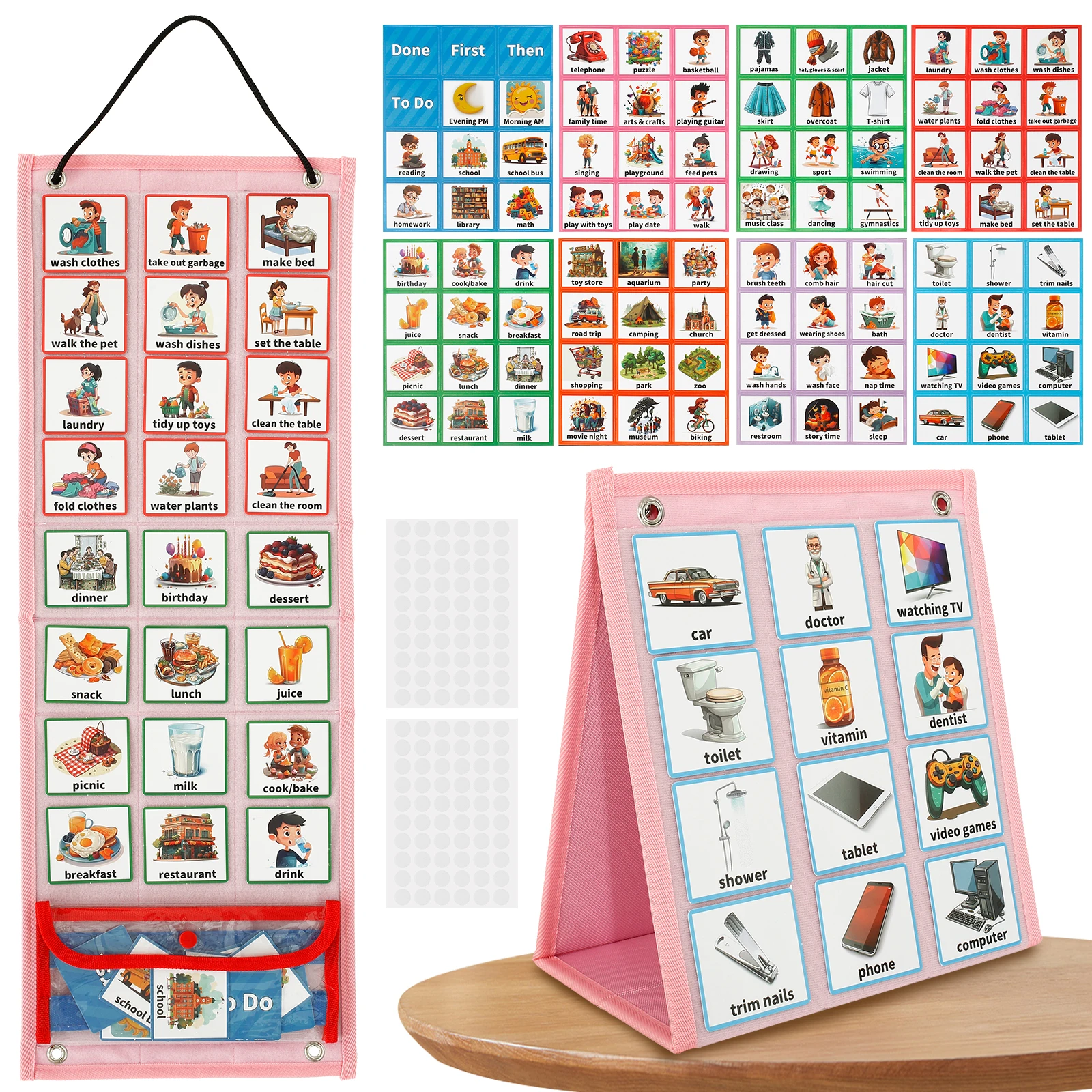 Kids Visual Schedule Chore Chart Hanging Daily Routine Chart with 96 Cards Foldable Visual Behavioral Planner for Home School