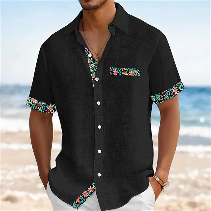 

Мужская рубашка с короткими рукавами и тропическим цветочным пэчворком, повседневная, свободная, дышащая, рубашка в пляжном стиле, гавайская рубашка для мужчин.
