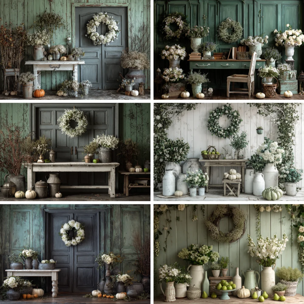 

Spring Garden Room Backdrop Child Baby Garland Door Photography Props Wooden Shelf Floral Plants Girls Adult Studio Backgrounds