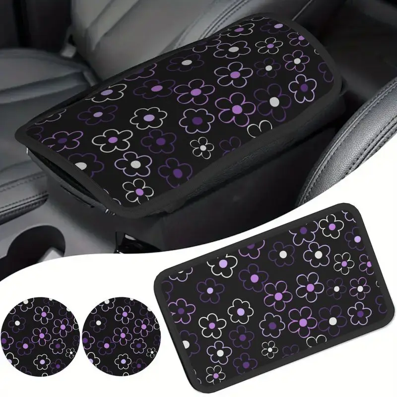 1Pc Car Armrest Cover + 2Pcs Cup Coasters Black Purple White Cute Floral Pattern Car Interior Accessory Set