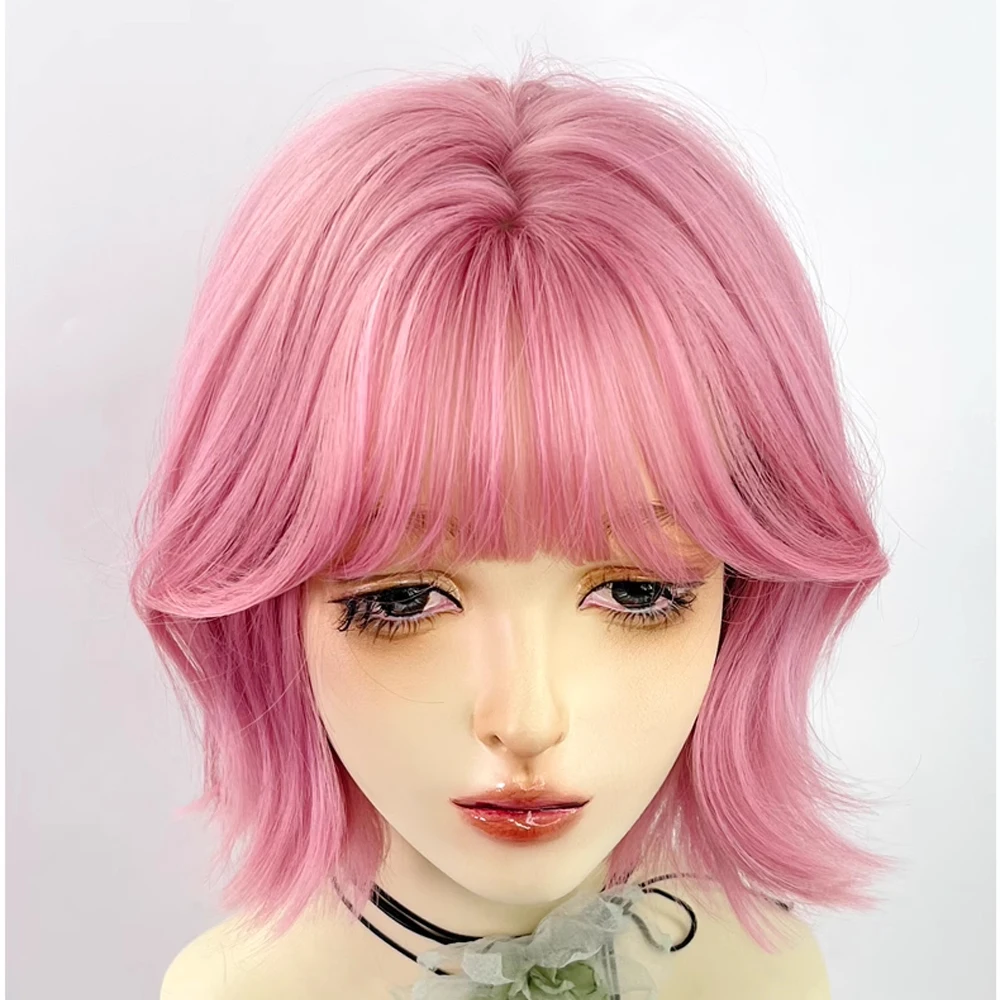 Peluca sintética ondulada corta rosa con flequillo Lolita Cosplay para mujer, pelo esponjoso Natural, resistente al calor para fiesta diaria