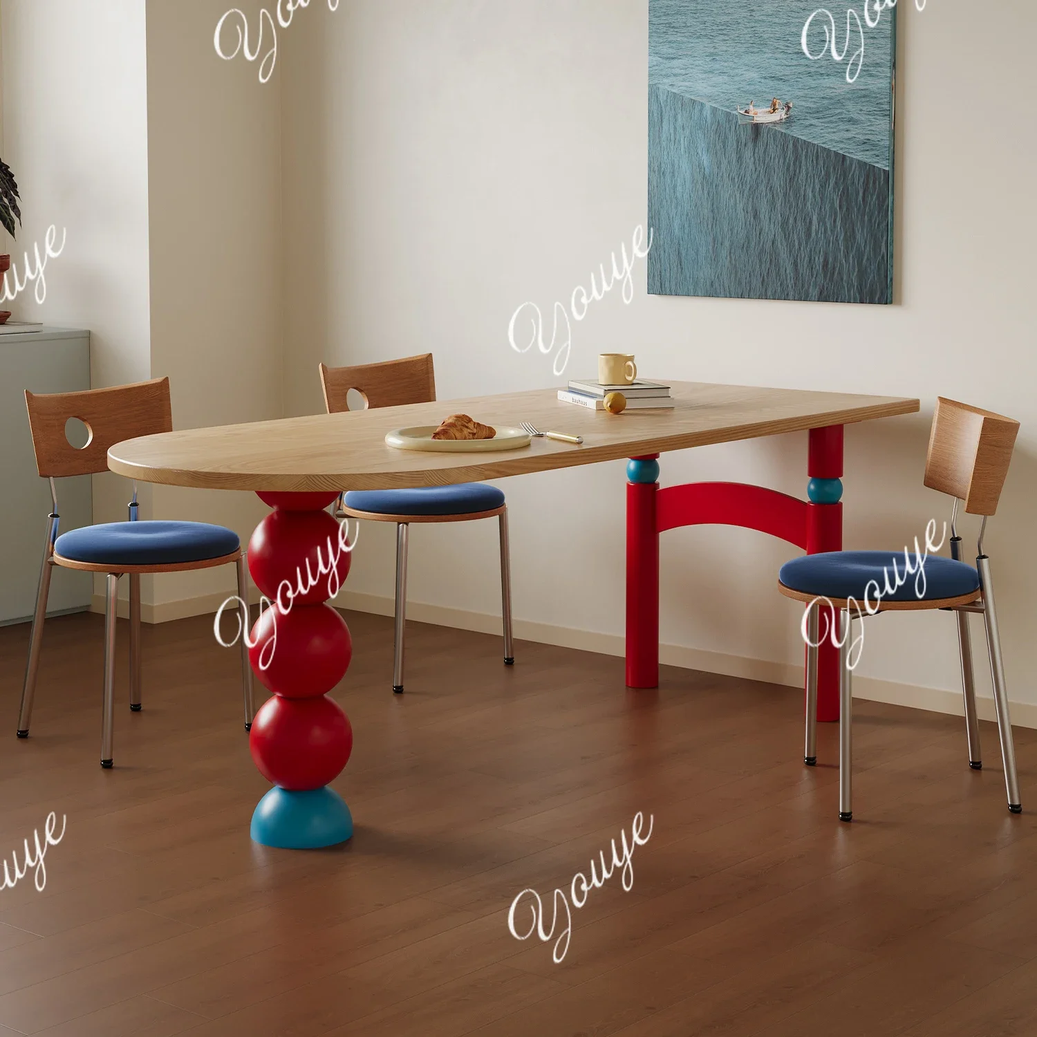 طاولة طعام من الخشب الصلب Q Middle Bauhaus، شقة صغيرة، طاولة طعام محظورة بالألوان، مكتب ملون من الحائط إلى الحائط شبه دائري #2